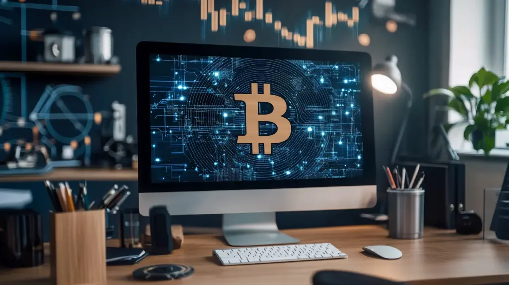 David Sacks modernes Büro Symbolen wie Bitcoin und KI-Diagrammen