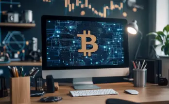 David Sacks modernes Büro Symbolen wie Bitcoin und KI-Diagrammen