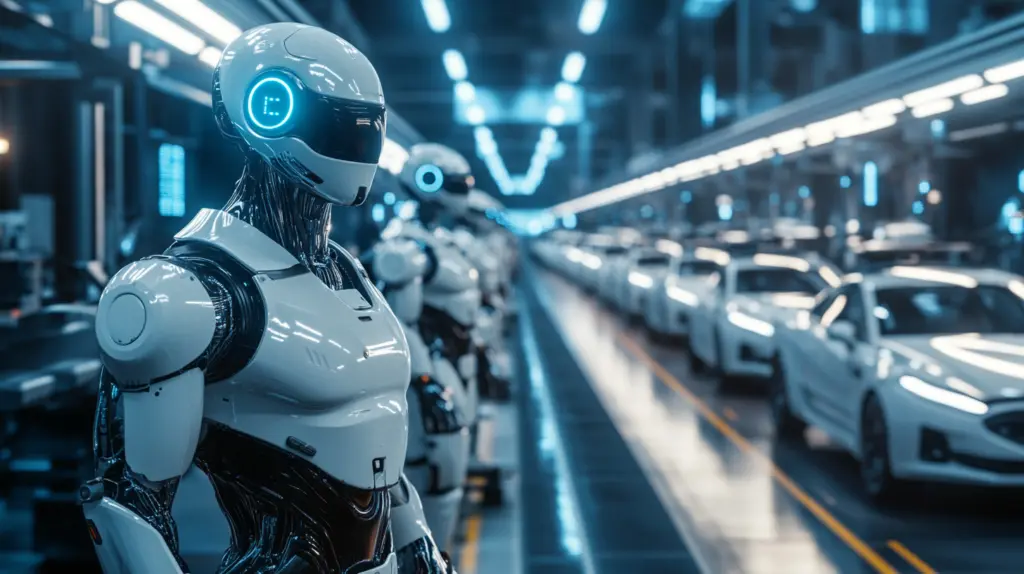Elon Musk Tesla futuristischen humanoiden Robotern in einer modernen Fabrikumgebung