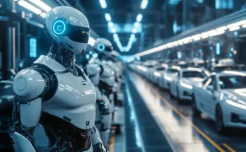 Elon Musk Tesla futuristischen humanoiden Robotern in einer modernen Fabrikumgebung