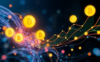 Das Bild enthält Elemente wie Diagramme, digitale Währungen und eine Darstellung von Datenströmen. bybit Liquidationsdaten
