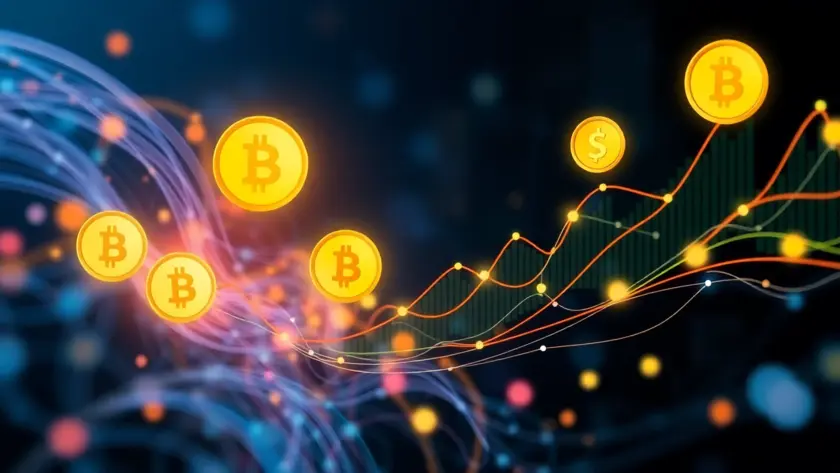 Das Bild enthält Elemente wie Diagramme, digitale Währungen und eine Darstellung von Datenströmen. bybit Liquidationsdaten