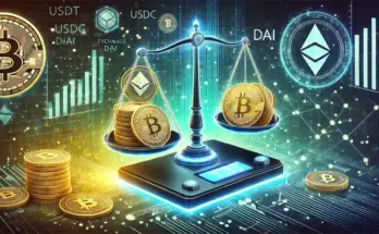 Stablecoins und Krypto Börsen mit Waage dargestellt.