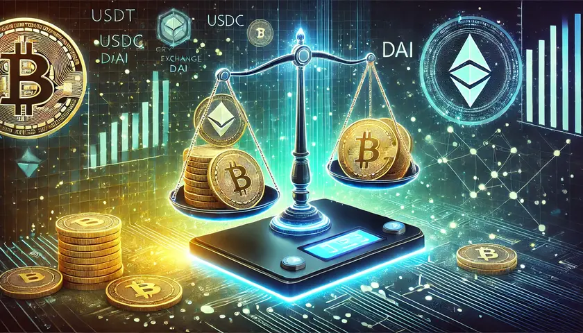 Stablecoins und Krypto Börsen mit Waage dargestellt.