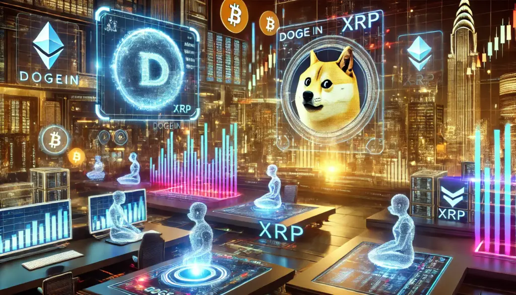 Bild eines futuristischen Finanzmarkts mit Dogecoin- und XRP-Symbolen in einer digitalen Börsenumgebung