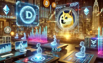 Bild eines futuristischen Finanzmarkts mit Dogecoin- und XRP-Symbolen in einer digitalen Börsenumgebung